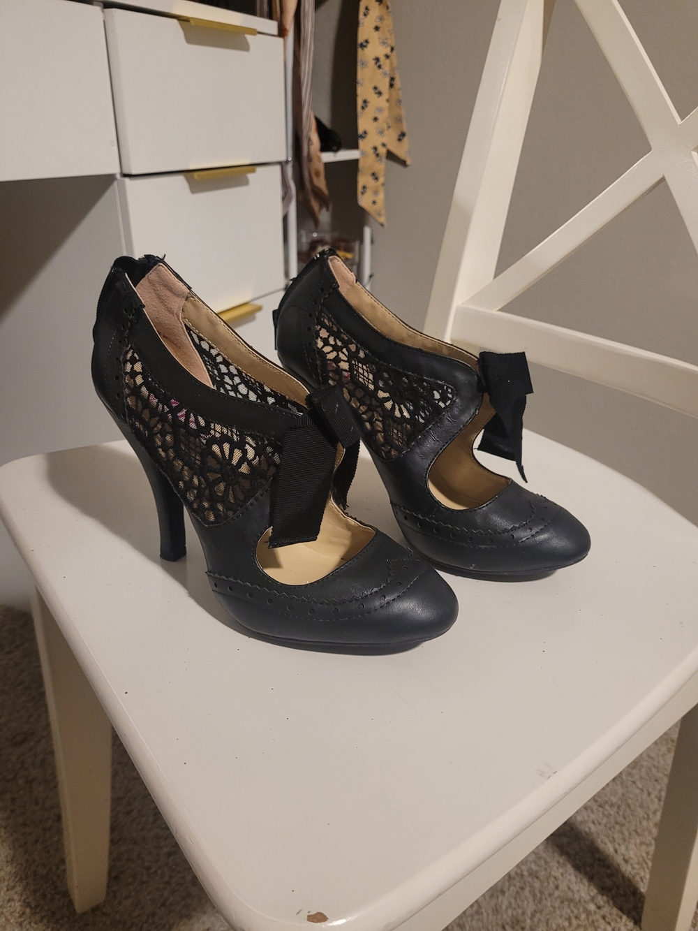 Mojo Moxy Black Lace Bow High Heel Pumps